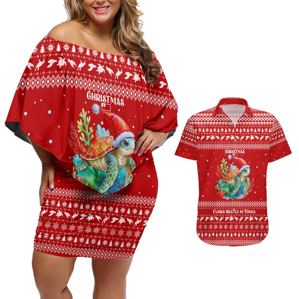 Tonga Christmas Couples Matching Off Shoulder Short Dress and Hawaiian Shirt with Sea Turtle Coral Reef Design Snowflake Pattern and National Emblem TS04 Red White - Polynesian Pride