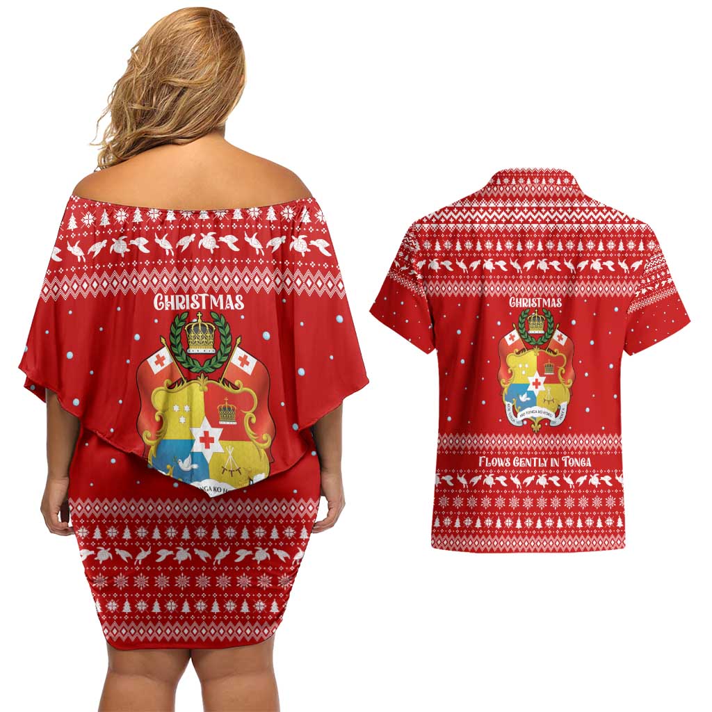 Tonga Christmas Couples Matching Off Shoulder Short Dress and Hawaiian Shirt with Sea Turtle Coral Reef Design Snowflake Pattern and National Emblem TS04 - Polynesian Pride