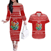 Tonga Christmas Couples Matching Off The Shoulder Long Sleeve Dress and Hawaiian Shirt with Sea Turtle Coral Reef Design Snowflake Pattern and National Emblem TS04 Red White - Polynesian Pride