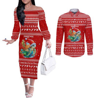 Tonga Christmas Couples Matching Off The Shoulder Long Sleeve Dress and Long Sleeve Button Shirt with Sea Turtle Coral Reef Design Snowflake Pattern and National Emblem TS04 Red White - Polynesian Pride