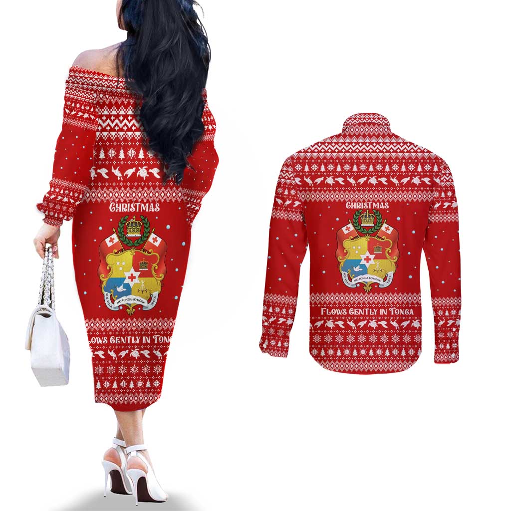 Tonga Christmas Couples Matching Off The Shoulder Long Sleeve Dress and Long Sleeve Button Shirt with Sea Turtle Coral Reef Design Snowflake Pattern and National Emblem TS04 - Polynesian Pride