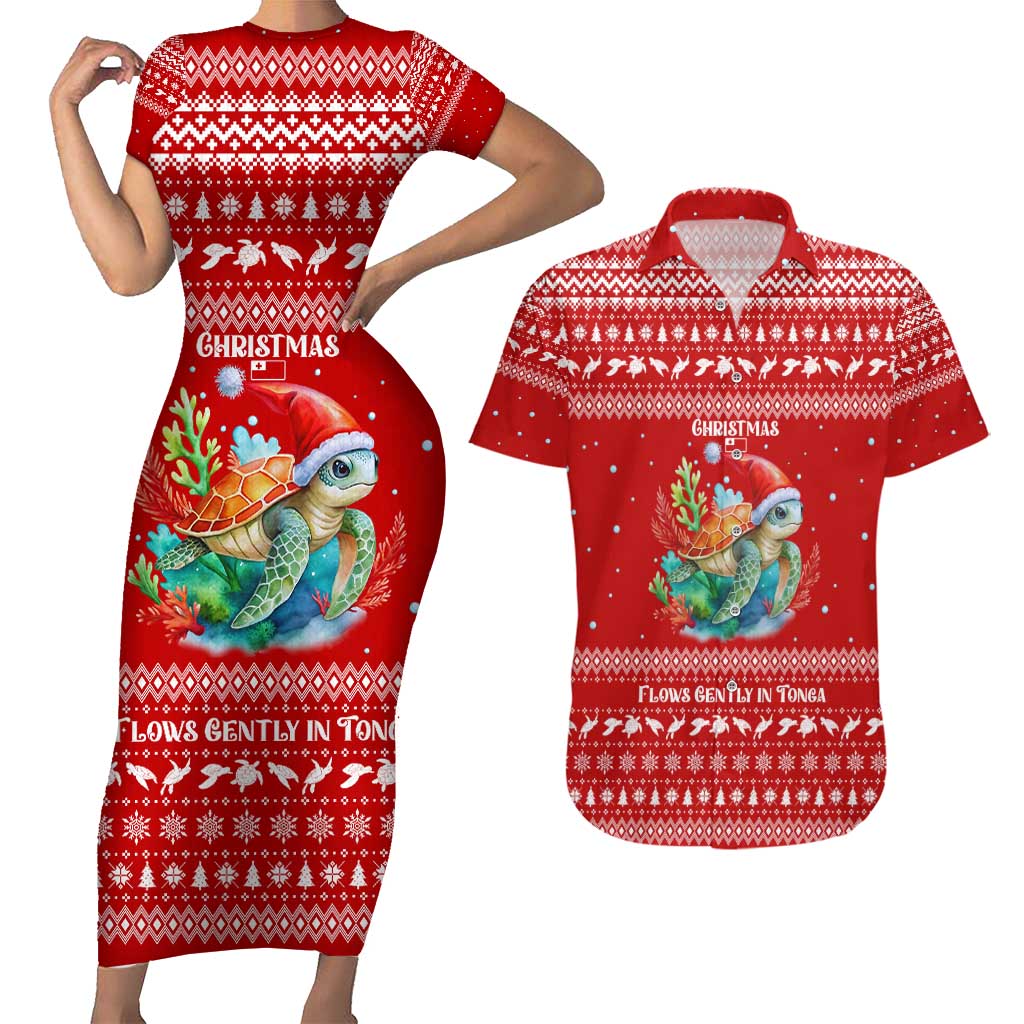 Tonga Christmas Couples Matching Short Sleeve Bodycon Dress and Hawaiian Shirt with Sea Turtle Coral Reef Design Snowflake Pattern and National Emblem TS04 Red White - Polynesian Pride