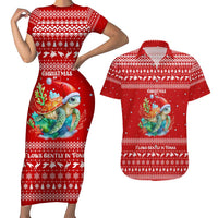 Tonga Christmas Couples Matching Short Sleeve Bodycon Dress and Hawaiian Shirt with Sea Turtle Coral Reef Design Snowflake Pattern and National Emblem TS04 Red White - Polynesian Pride