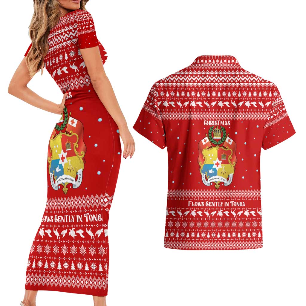 Tonga Christmas Couples Matching Short Sleeve Bodycon Dress and Hawaiian Shirt with Sea Turtle Coral Reef Design Snowflake Pattern and National Emblem TS04 - Polynesian Pride