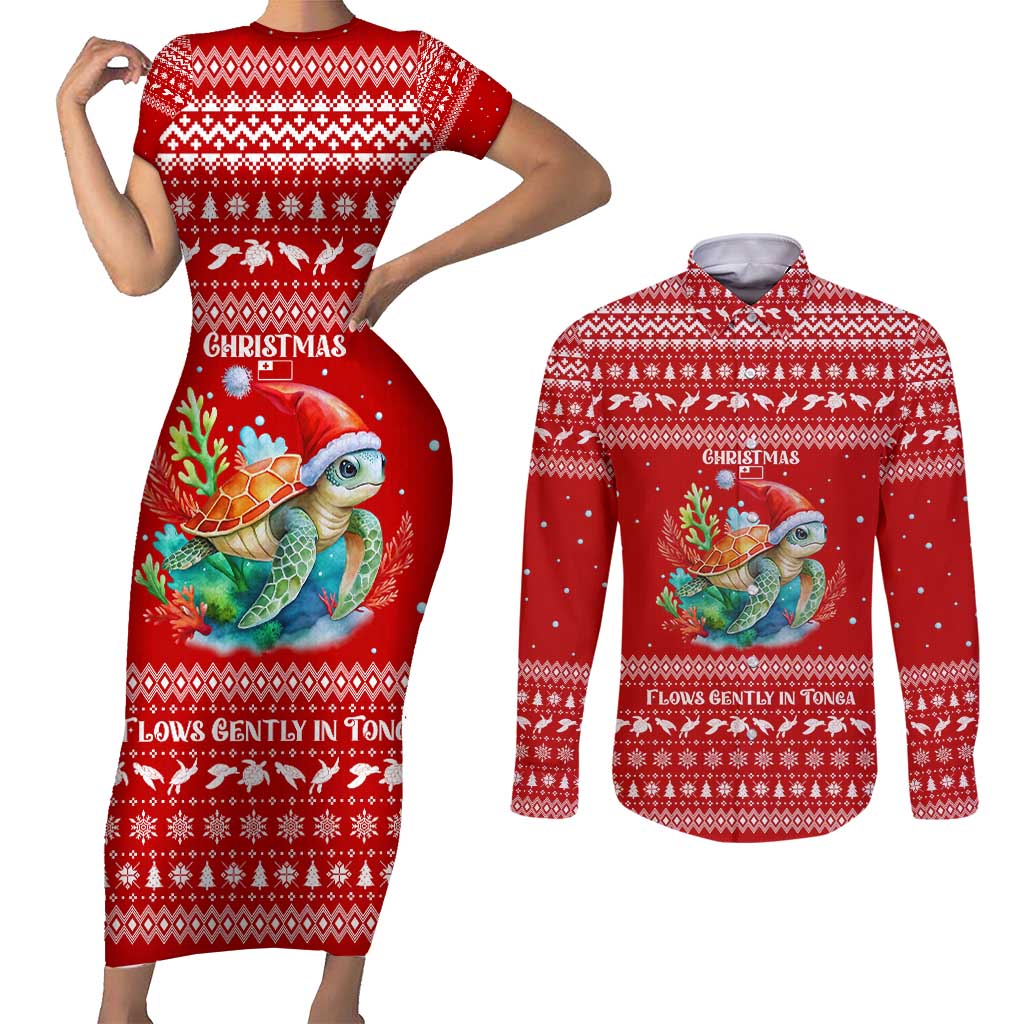 Tonga Christmas Couples Matching Short Sleeve Bodycon Dress and Long Sleeve Button Shirt with Sea Turtle Coral Reef Design Snowflake Pattern and National Emblem TS04 Red White - Polynesian Pride