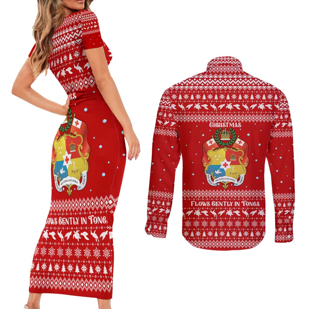 Tonga Christmas Couples Matching Short Sleeve Bodycon Dress and Long Sleeve Button Shirt with Sea Turtle Coral Reef Design Snowflake Pattern and National Emblem TS04 - Polynesian Pride