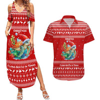 Tonga Christmas Couples Matching Summer Maxi Dress and Hawaiian Shirt with Sea Turtle Coral Reef Design Snowflake Pattern and National Emblem TS04 Red White - Polynesian Pride