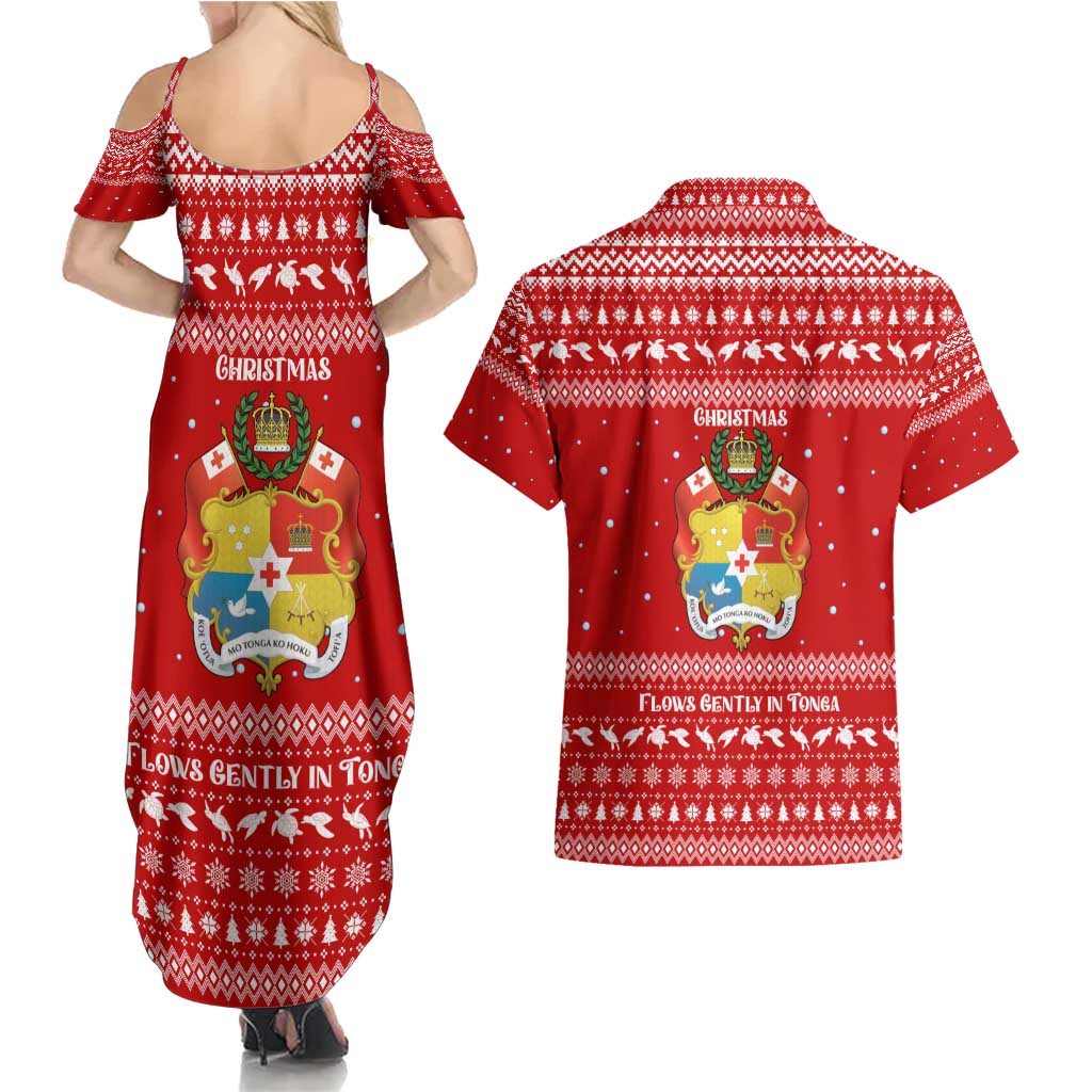 Tonga Christmas Couples Matching Summer Maxi Dress and Hawaiian Shirt with Sea Turtle Coral Reef Design Snowflake Pattern and National Emblem TS04 - Polynesian Pride