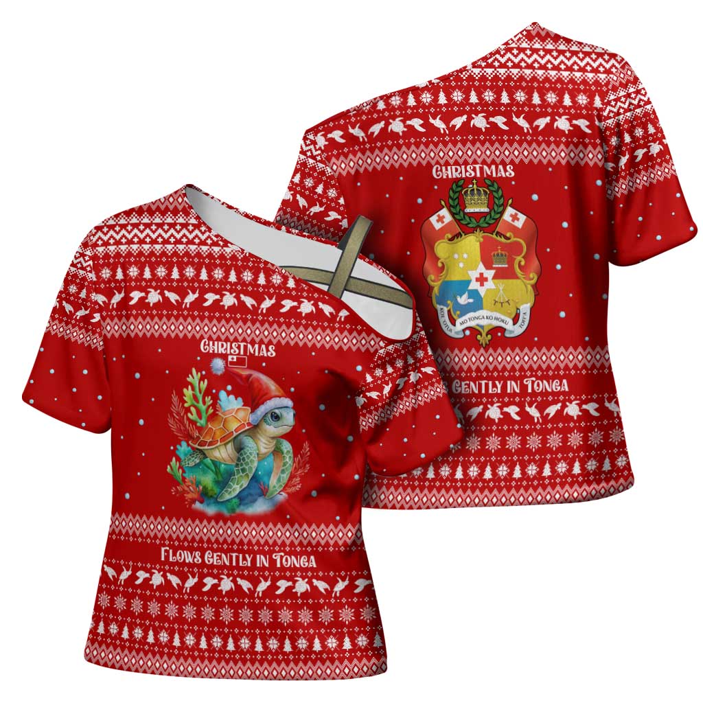 Tonga Christmas Cross Shoulder Shirt with Sea Turtle Coral Reef Design Snowflake Pattern and National Emblem - Polynesian Pride