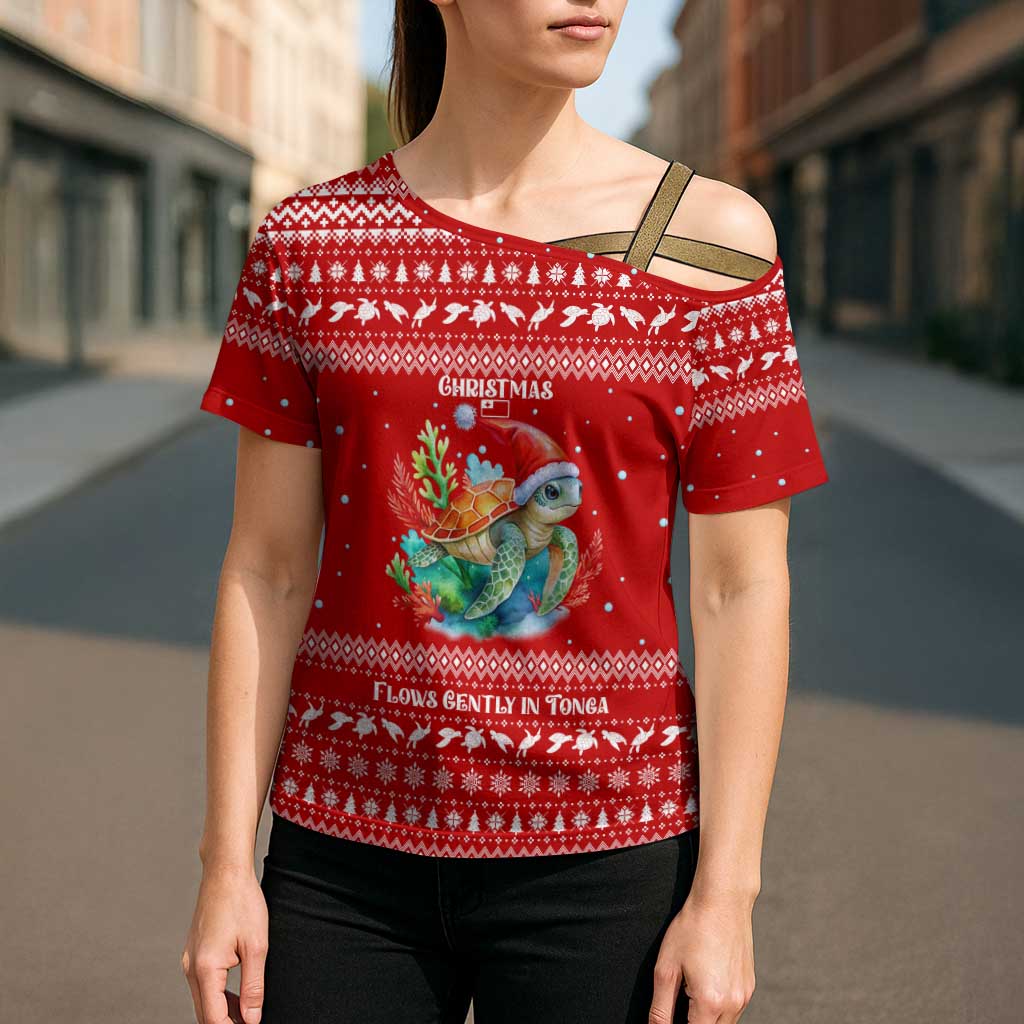 Tonga Christmas Cross Shoulder Shirt with Sea Turtle Coral Reef Design Snowflake Pattern and National Emblem - Polynesian Pride