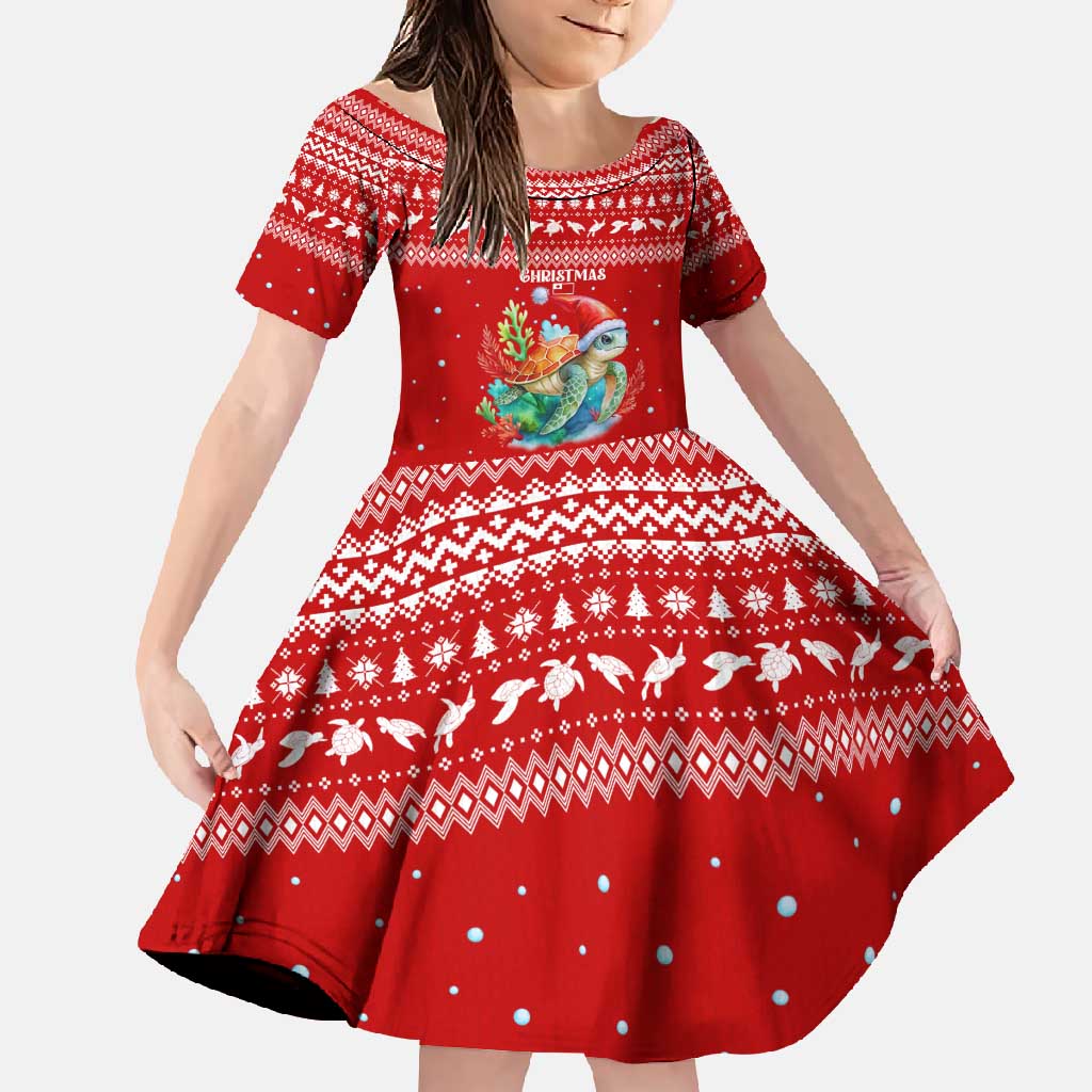 Tonga Christmas Family Matching Long Sleeve Bodycon Dress and Hawaiian Shirt with Sea Turtle Coral Reef Design Snowflake Pattern and National Emblem TS04 Daughter's Dress Red White - Polynesian Pride