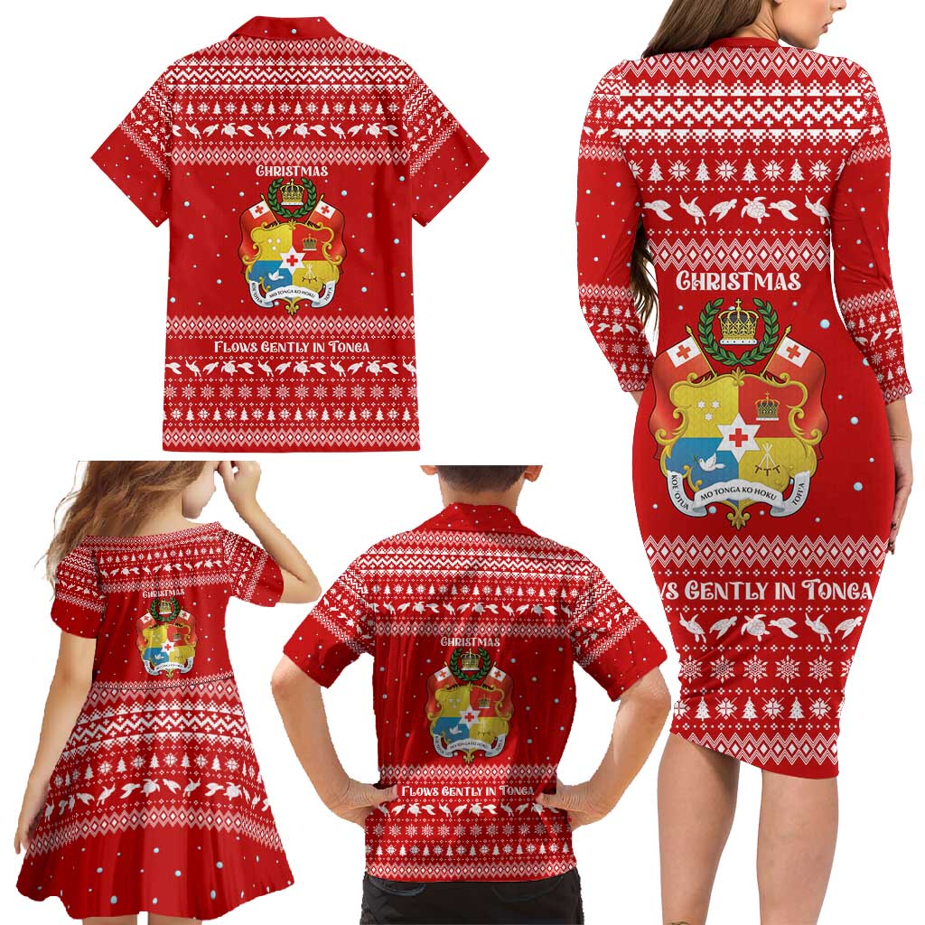 Tonga Christmas Family Matching Long Sleeve Bodycon Dress and Hawaiian Shirt with Sea Turtle Coral Reef Design Snowflake Pattern and National Emblem TS04 - Polynesian Pride