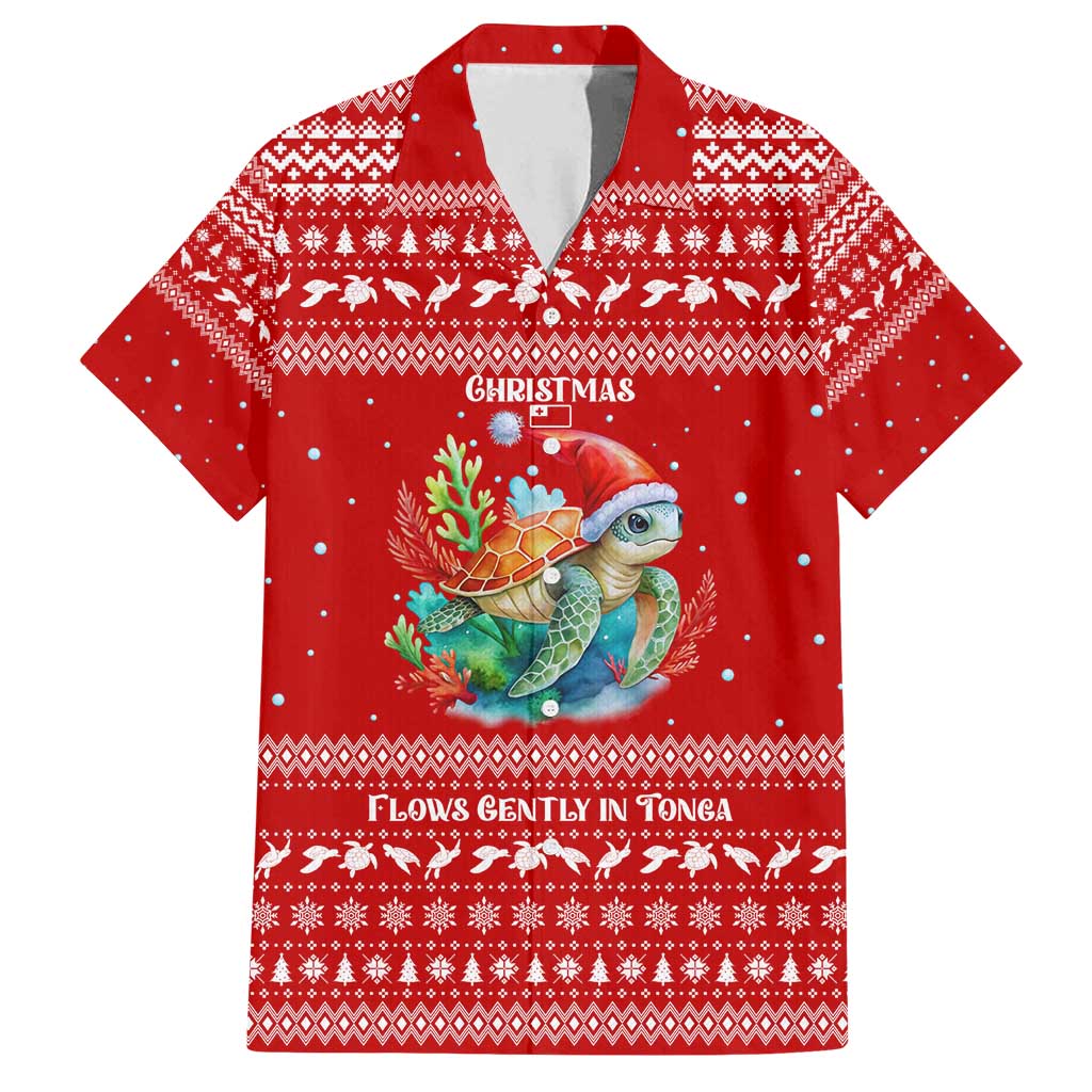 Tonga Christmas Family Matching Long Sleeve Bodycon Dress and Hawaiian Shirt with Sea Turtle Coral Reef Design Snowflake Pattern and National Emblem TS04 Dad's Shirt - Short Sleeve Red White - Polynesian Pride