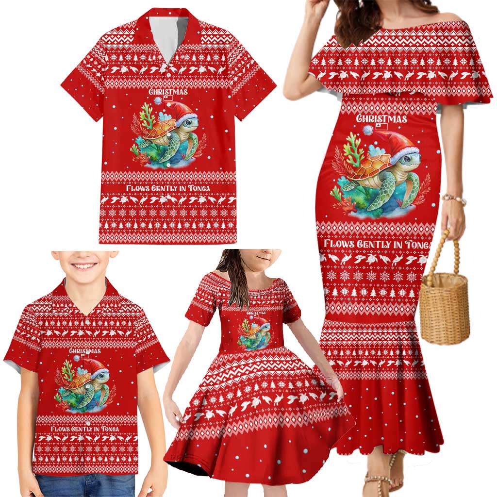 Tonga Christmas Family Matching Mermaid Dress and Hawaiian Shirt with Sea Turtle Coral Reef Design Snowflake Pattern and National Emblem TS04 - Polynesian Pride