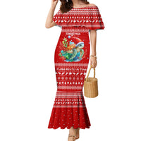 Tonga Christmas Family Matching Mermaid Dress and Hawaiian Shirt with Sea Turtle Coral Reef Design Snowflake Pattern and National Emblem TS04 Mom's Dress Red White - Polynesian Pride