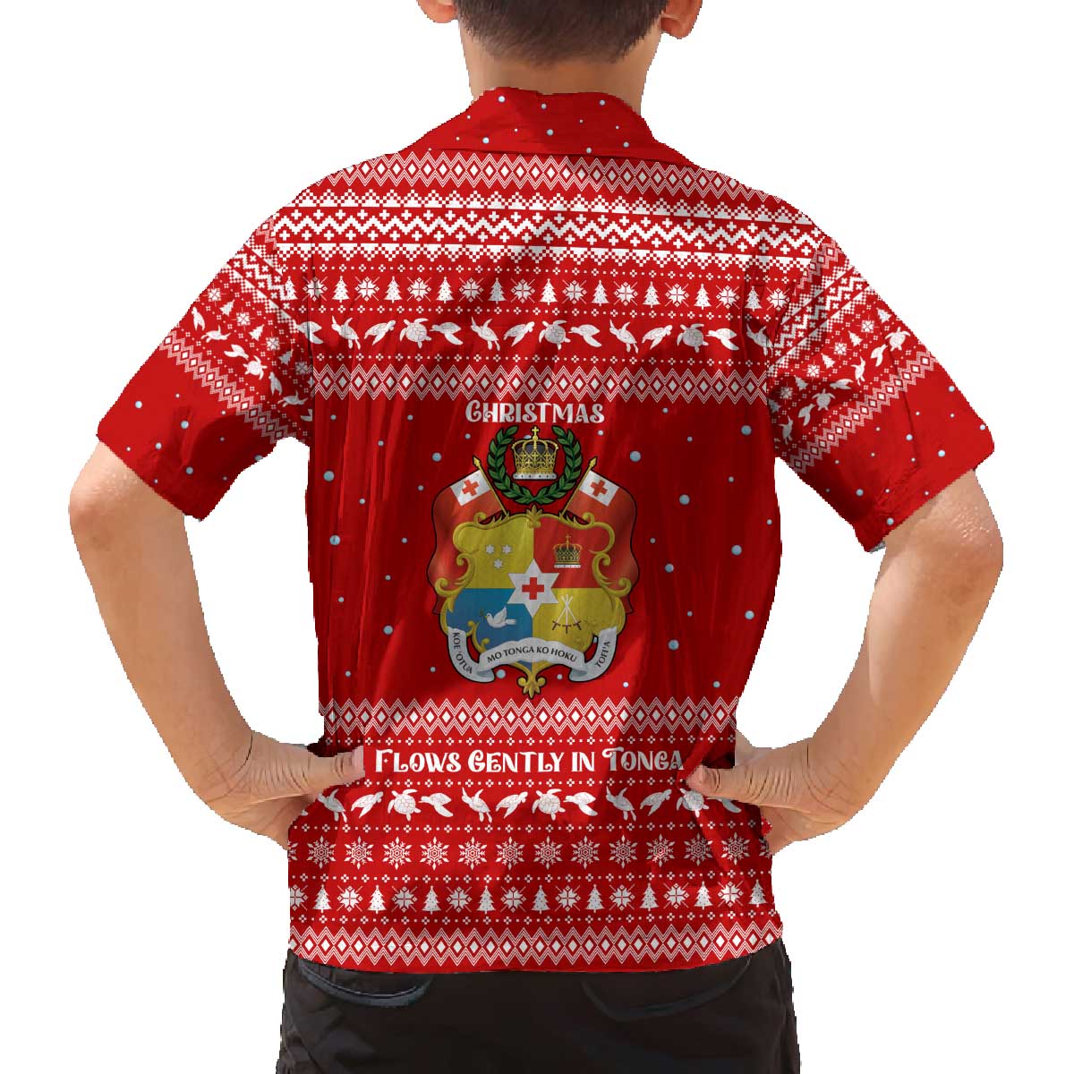 Tonga Christmas Family Matching Off The Shoulder Long Sleeve Dress and Hawaiian Shirt with Sea Turtle Coral Reef Design Snowflake Pattern and National Emblem TS04 - Polynesian Pride