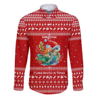 Tonga Christmas Family Matching Off The Shoulder Long Sleeve Dress and Hawaiian Shirt with Sea Turtle Coral Reef Design Snowflake Pattern and National Emblem TS04 Dad's Shirt - Long Sleeve Red White - Polynesian Pride