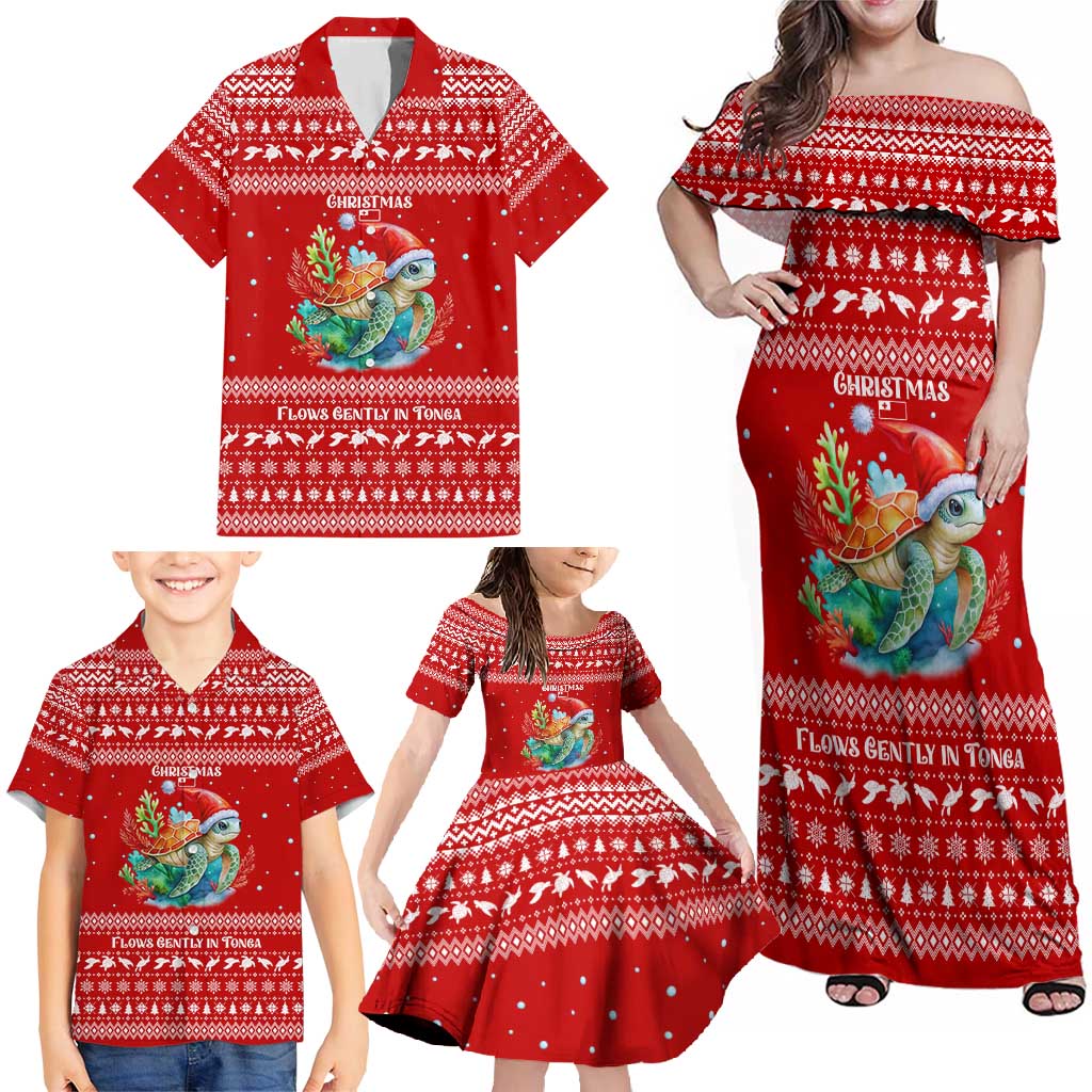 Tonga Christmas Family Matching Off Shoulder Maxi Dress and Hawaiian Shirt with Sea Turtle Coral Reef Design Snowflake Pattern and National Emblem TS04 - Polynesian Pride
