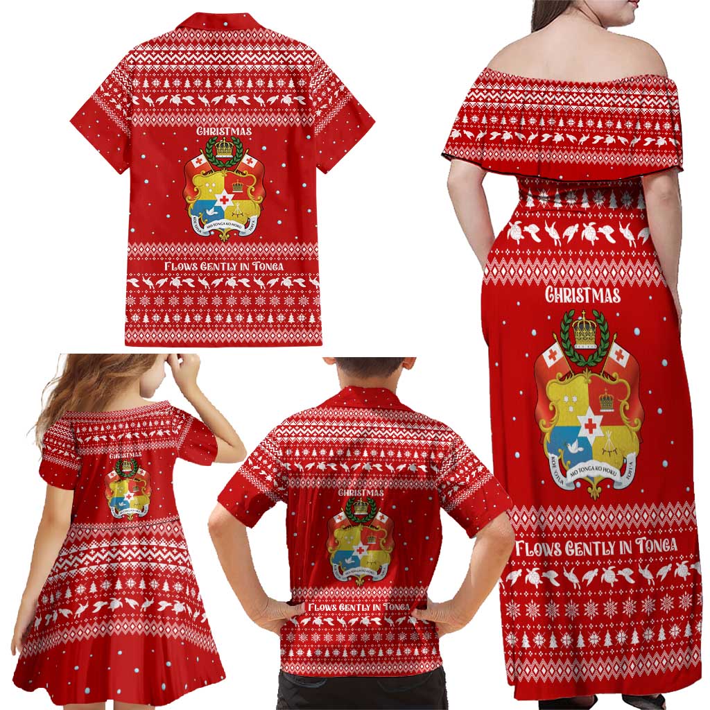 Tonga Christmas Family Matching Off Shoulder Maxi Dress and Hawaiian Shirt with Sea Turtle Coral Reef Design Snowflake Pattern and National Emblem TS04 - Polynesian Pride