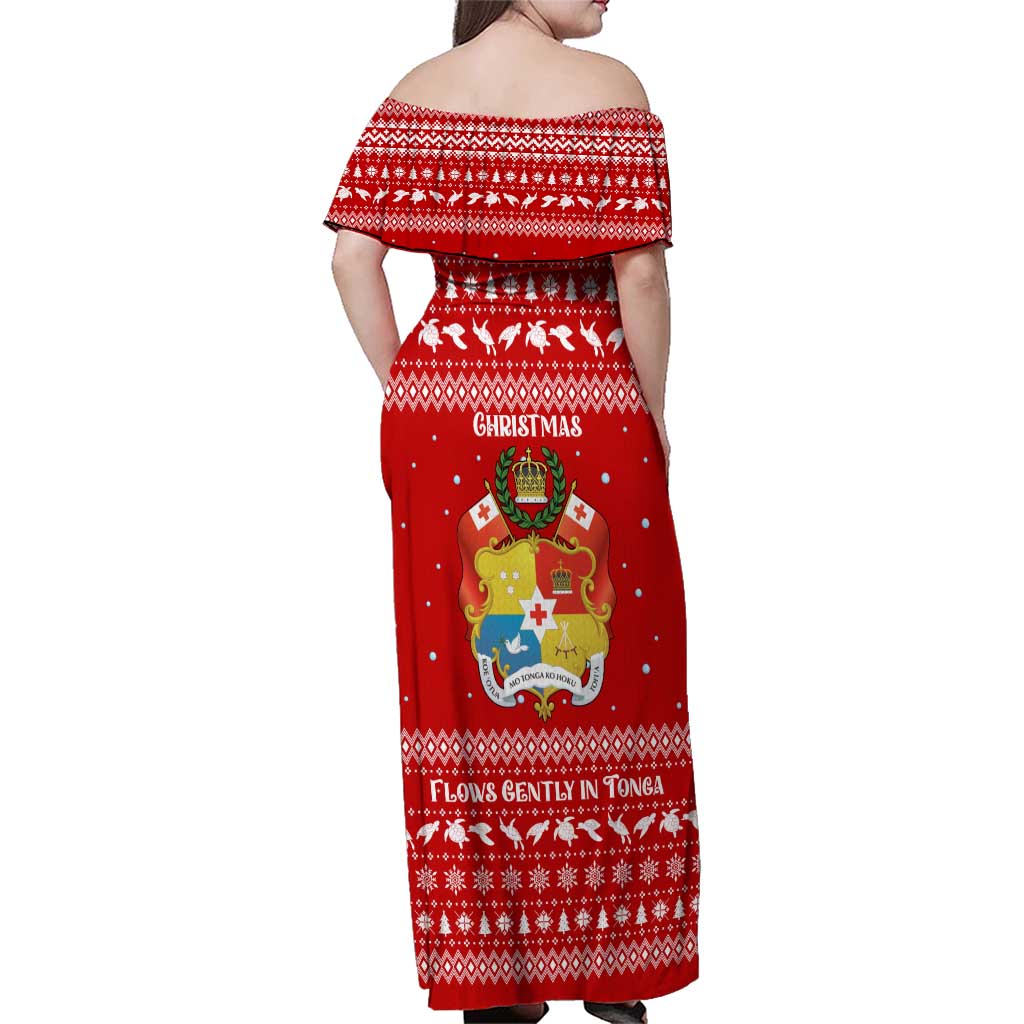 Tonga Christmas Family Matching Off Shoulder Maxi Dress and Hawaiian Shirt with Sea Turtle Coral Reef Design Snowflake Pattern and National Emblem TS04 - Polynesian Pride