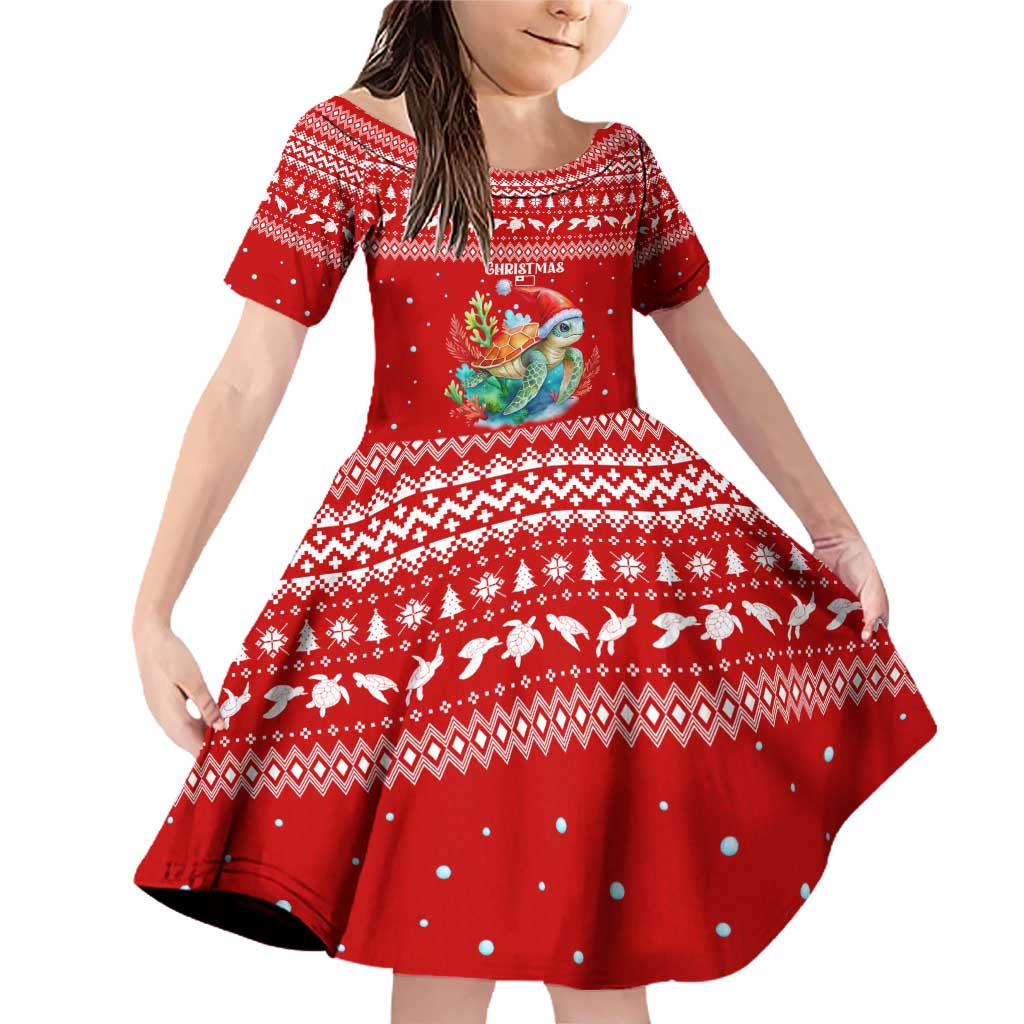 Tonga Christmas Family Matching Off Shoulder Short Dress and Hawaiian Shirt with Sea Turtle Coral Reef Design Snowflake Pattern and National Emblem TS04 Daughter's Dress Red White - Polynesian Pride