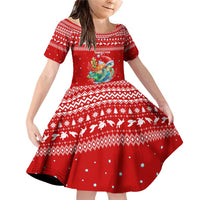 Tonga Christmas Family Matching Off Shoulder Short Dress and Hawaiian Shirt with Sea Turtle Coral Reef Design Snowflake Pattern and National Emblem TS04 Daughter's Dress Red White - Polynesian Pride