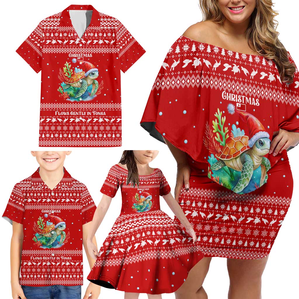 Tonga Christmas Family Matching Off Shoulder Short Dress and Hawaiian Shirt with Sea Turtle Coral Reef Design Snowflake Pattern and National Emblem TS04 - Polynesian Pride
