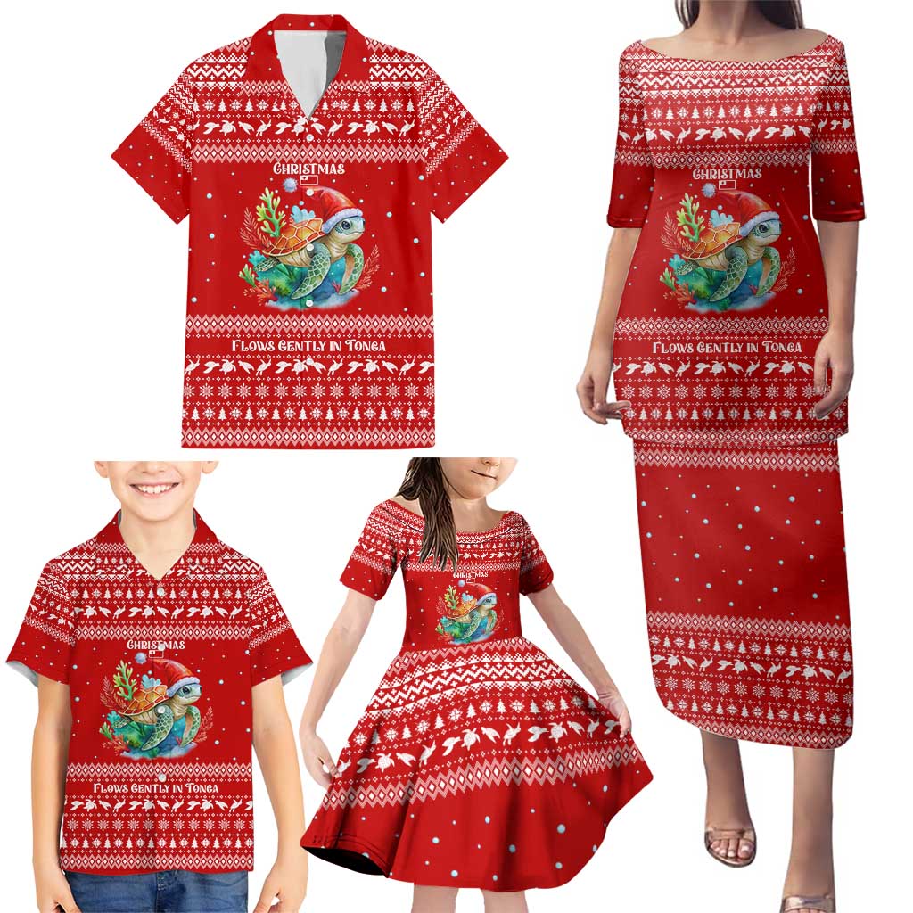 Tonga Christmas Family Matching Puletasi and Hawaiian Shirt with Sea Turtle Coral Reef Design Snowflake Pattern and National Emblem TS04 - Polynesian Pride
