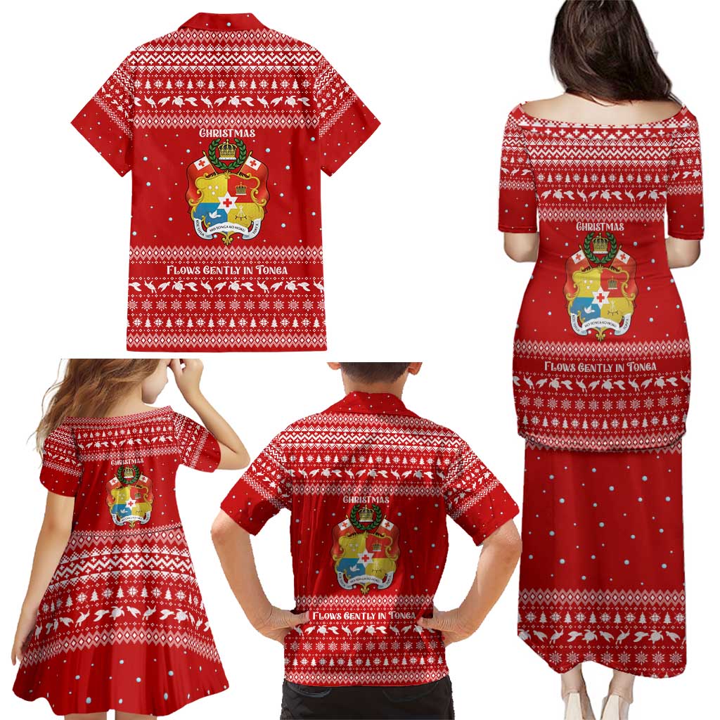 Tonga Christmas Family Matching Puletasi and Hawaiian Shirt with Sea Turtle Coral Reef Design Snowflake Pattern and National Emblem TS04 - Polynesian Pride