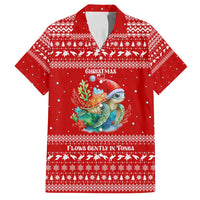 Tonga Christmas Family Matching Puletasi and Hawaiian Shirt with Sea Turtle Coral Reef Design Snowflake Pattern and National Emblem TS04 Dad's Shirt - Short Sleeve Red White - Polynesian Pride