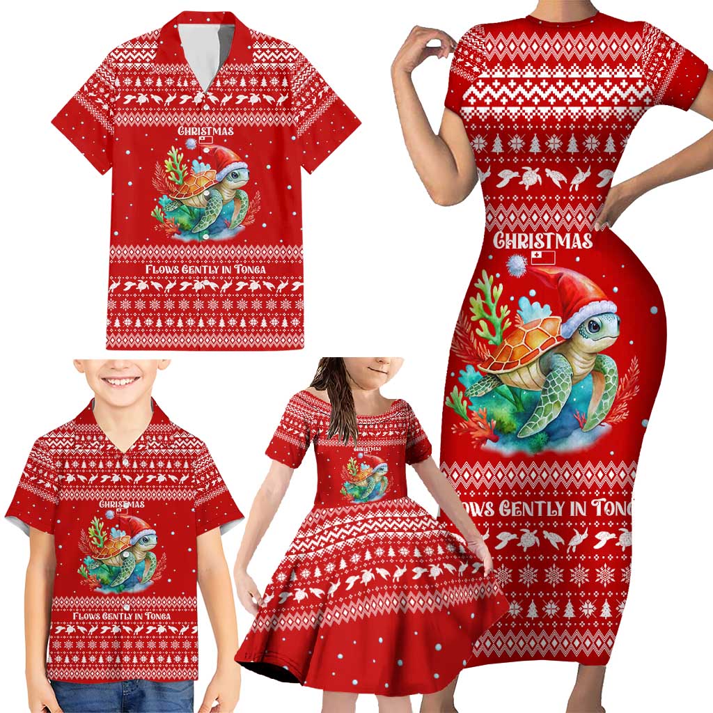 Tonga Christmas Family Matching Short Sleeve Bodycon Dress and Hawaiian Shirt with Sea Turtle Coral Reef Design Snowflake Pattern and National Emblem TS04 - Polynesian Pride