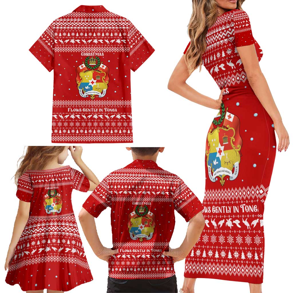 Tonga Christmas Family Matching Short Sleeve Bodycon Dress and Hawaiian Shirt with Sea Turtle Coral Reef Design Snowflake Pattern and National Emblem TS04 - Polynesian Pride