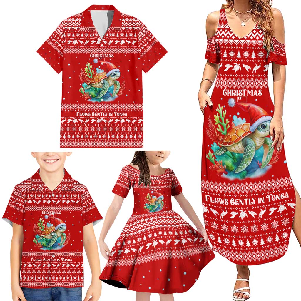 Tonga Christmas Family Matching Summer Maxi Dress and Hawaiian Shirt with Sea Turtle Coral Reef Design Snowflake Pattern and National Emblem TS04 - Polynesian Pride