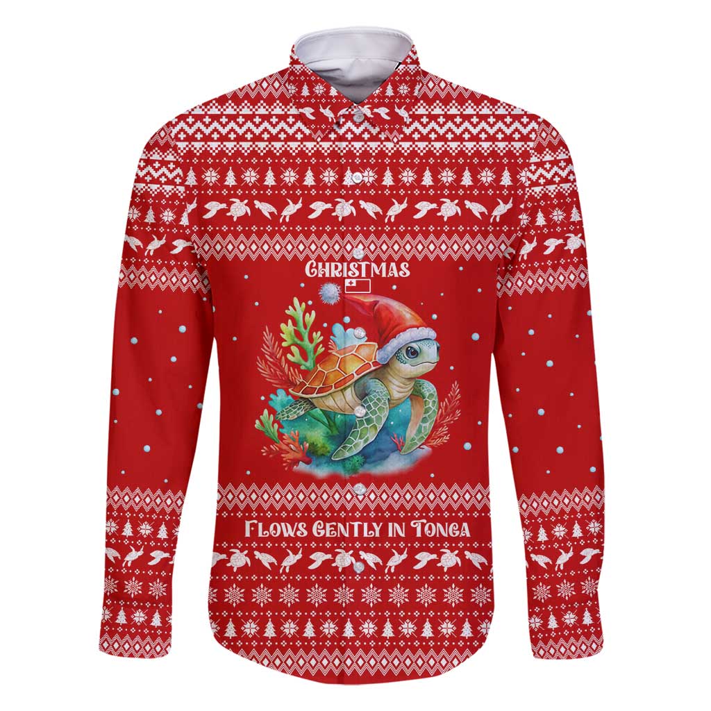 Tonga Christmas Family Matching Summer Maxi Dress and Hawaiian Shirt with Sea Turtle Coral Reef Design Snowflake Pattern and National Emblem TS04 Dad's Shirt - Long Sleeve Red White - Polynesian Pride
