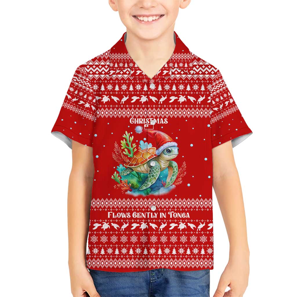 Tonga Christmas Family Matching Summer Maxi Dress and Hawaiian Shirt with Sea Turtle Coral Reef Design Snowflake Pattern and National Emblem TS04 Son's Shirt Red White - Polynesian Pride