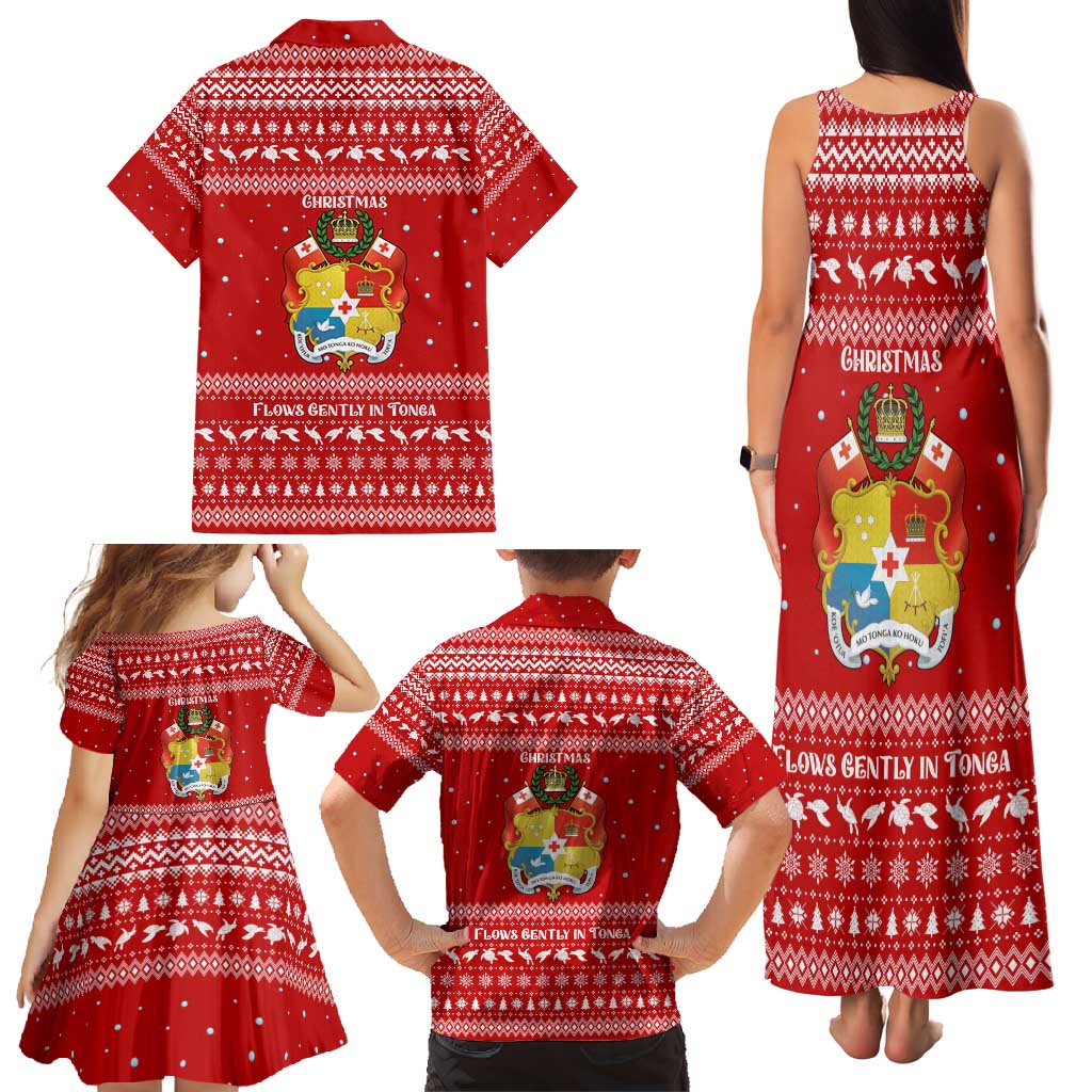 Tonga Christmas Family Matching Tank Maxi Dress and Hawaiian Shirt with Sea Turtle Coral Reef Design Snowflake Pattern and National Emblem TS04 - Polynesian Pride