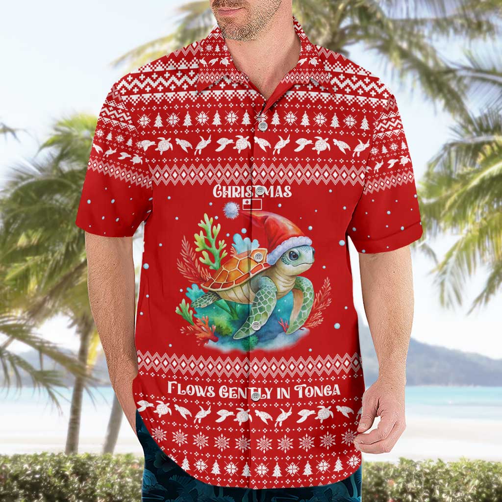 Tonga Christmas Hawaiian Shirt with Sea Turtle Coral Reef Design Snowflake Pattern and National Emblem - Polynesian Pride