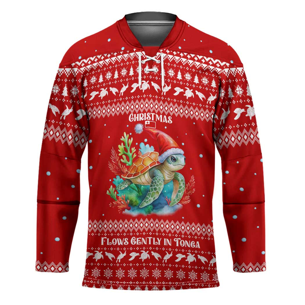 Tonga Christmas Hockey Jersey with Sea Turtle Coral Reef Design Snowflake Pattern and National Emblem - Polynesian Pride