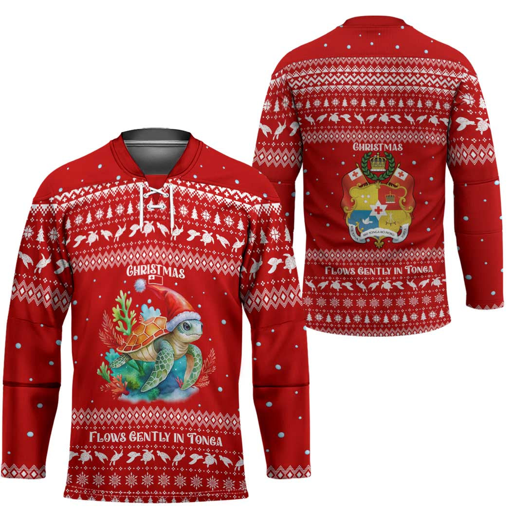 Tonga Christmas Hockey Jersey with Sea Turtle Coral Reef Design Snowflake Pattern and National Emblem - Polynesian Pride