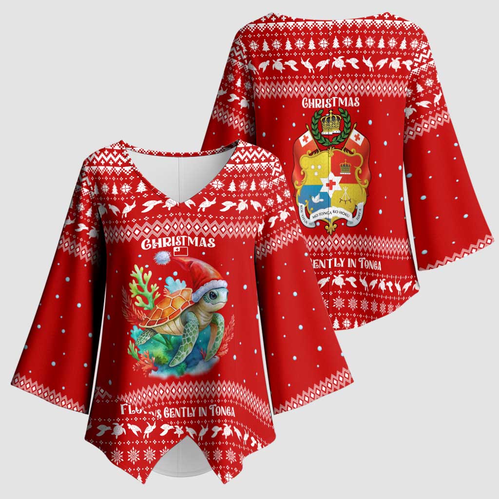 Tonga Christmas Kimono Sleeve Blouse with Sea Turtle Coral Reef Design Snowflake Pattern and National Emblem - Polynesian Pride