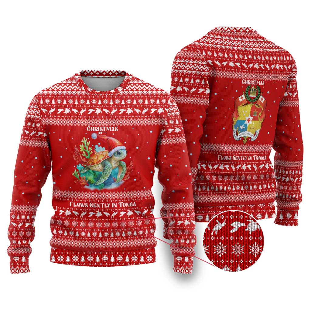 Tonga Christmas Ugly Christmas Sweater with Sea Turtle Coral Reef Design Snowflake Pattern and National Emblem TS04 Red White - Polynesian Pride