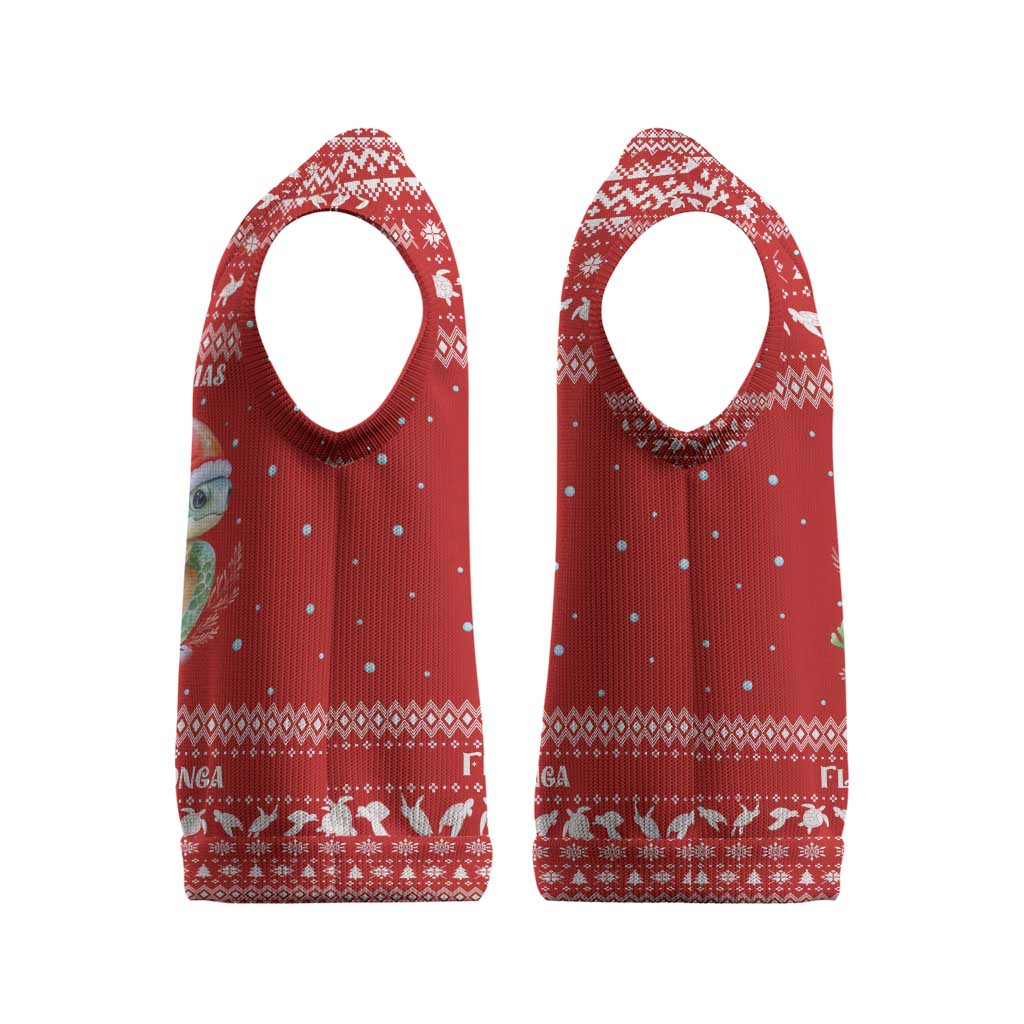 Tonga Christmas Knitted V-Neck Vest with Sea Turtle Coral Reef Design Snowflake Pattern and National Emblem - Polynesian Pride