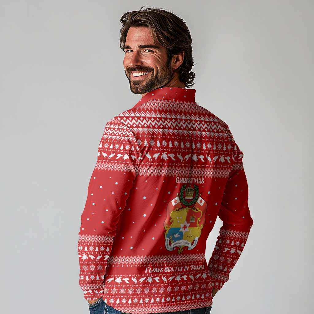 Tonga Christmas Long Sleeve Polo Shirt with Sea Turtle Coral Reef Design Snowflake Pattern and National Emblem - Polynesian Pride