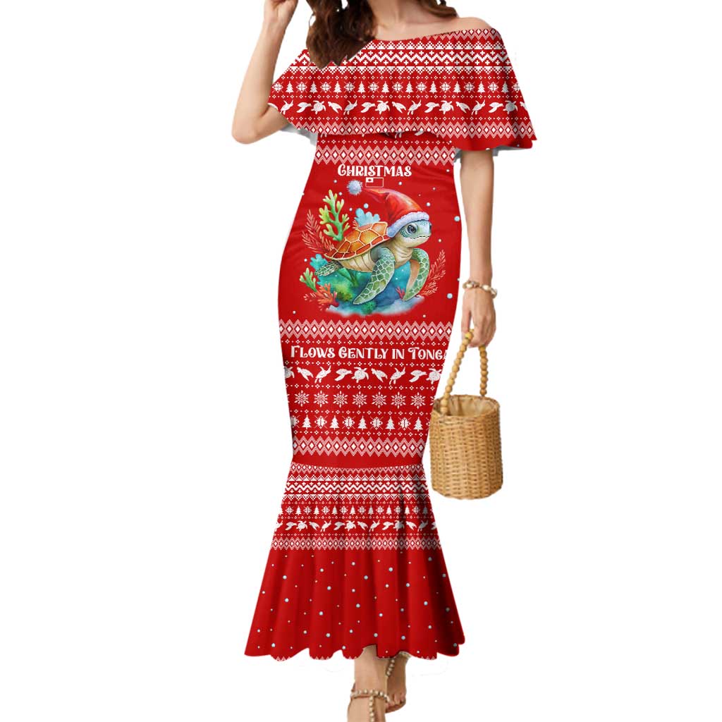 Tonga Christmas Mermaid Dress with Sea Turtle Coral Reef Design Snowflake Pattern and National Emblem TS04 Women Red White - Polynesian Pride