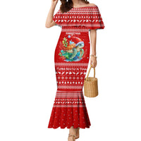 Tonga Christmas Mermaid Dress with Sea Turtle Coral Reef Design Snowflake Pattern and National Emblem TS04 Women Red White - Polynesian Pride