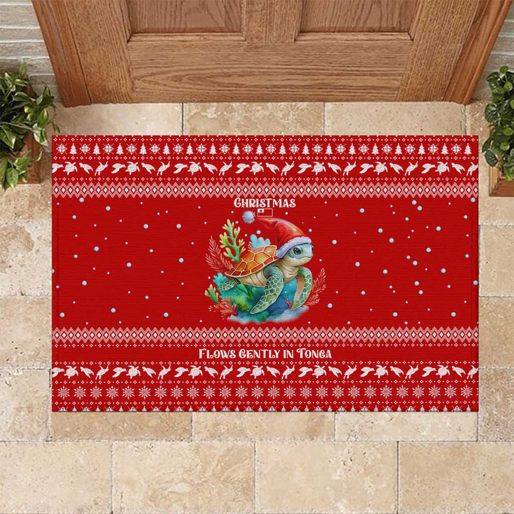 Tonga Christmas Rubber Doormat with Sea Turtle Coral Reef Design Snowflake Pattern and National Emblem TS04 Red White - Polynesian Pride