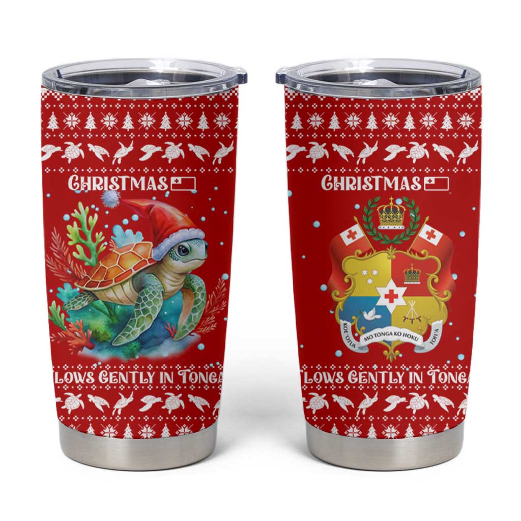 Tonga Christmas Tumbler Cup with Sea Turtle Coral Reef Design Snowflake Pattern and National Emblem TS04 Red White - Polynesian Pride