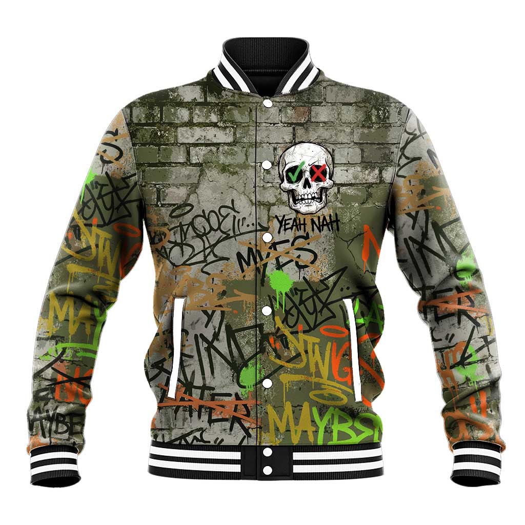 Yeah Nah Graffiti Skull New Zealand Slang Baseball Jacket Kiwi Grunge Brick Wall and Bold Urban Street Art TS04 Unisex Multicolor - Polynesian Pride
