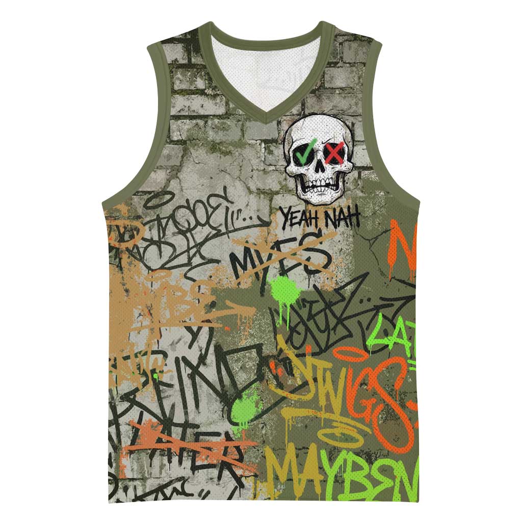 Yeah Nah Graffiti Skull New Zealand Slang Basketball Jersey Kiwi Grunge Brick Wall and Bold Urban Street Art TS04 Unisex Multicolor - Polynesian Pride