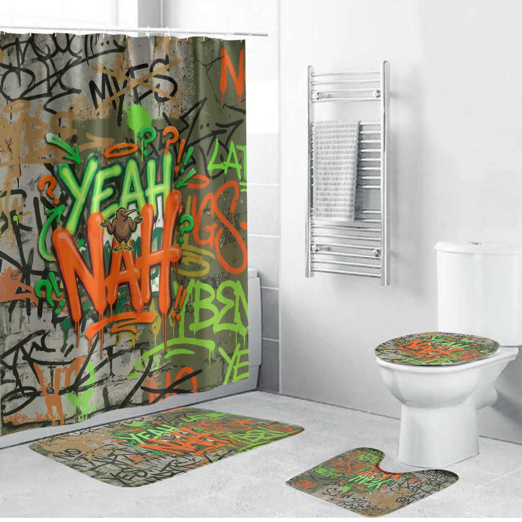 Yeah Nah Graffiti Skull New Zealand Slang Bathroom Set Kiwi Grunge Brick Wall and Bold Urban Street Art TS04 Bathroom Set (4 pcs) Multicolor - Polynesian Pride